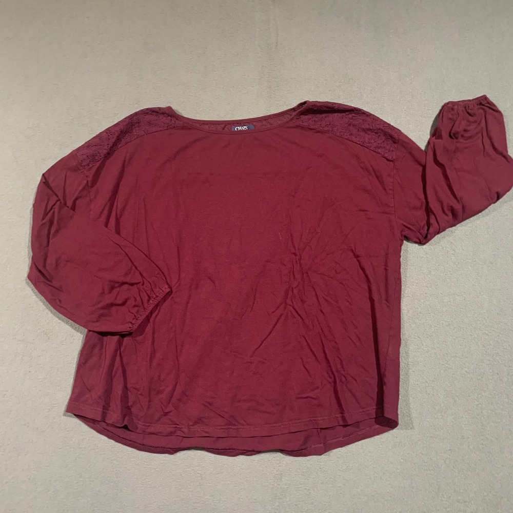 Chaps Fall Top‎ Womens 2X Burgundy Red Long Sleeve Lace Trim Top Blouse Shirt